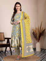 Thumbnail for Yufta Yellow And Beige Pure Cotton Floral Print Tiered Kurta Dupatta Set