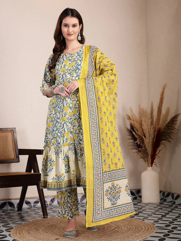Yufta Yellow And Beige Pure Cotton Floral Print Tiered Kurta Dupatta Set