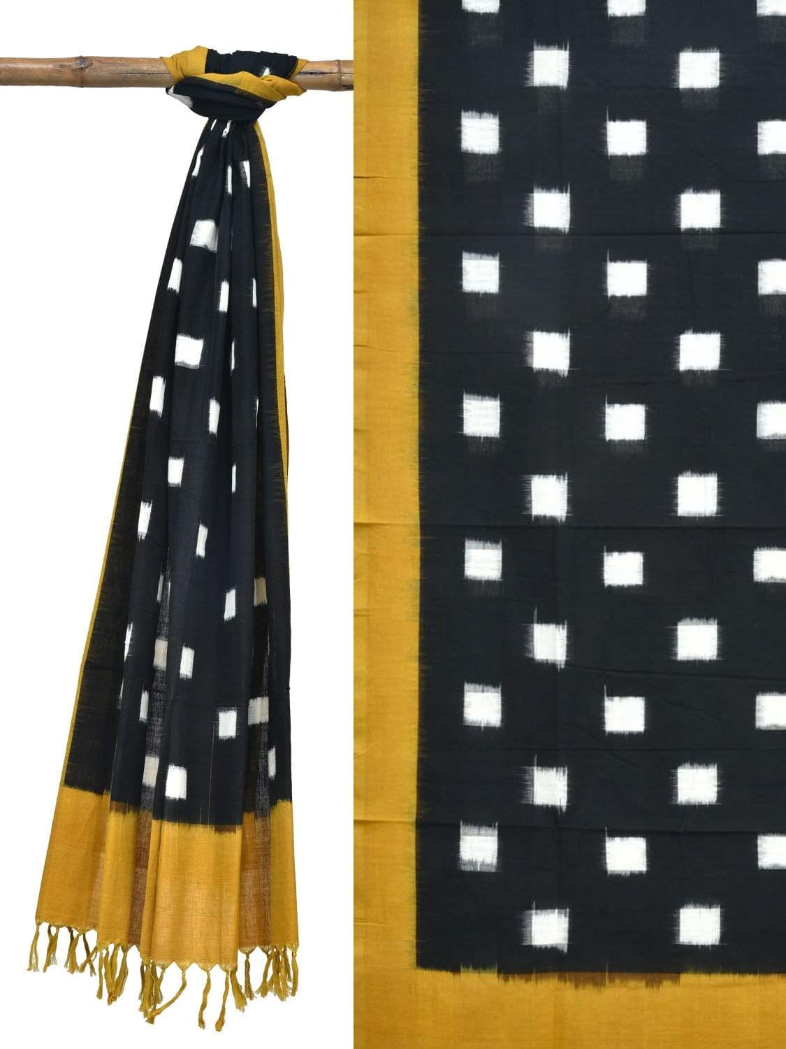 Yellow and Black Pochampally Ikat Cotton Handloom Dupatta with Square Buta Design - Global Threads - Distacart
