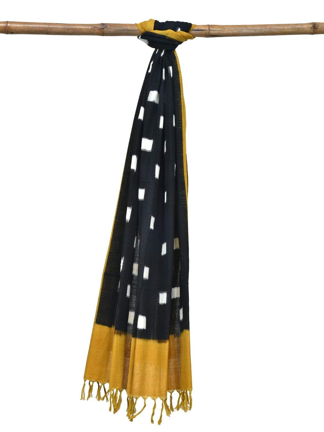 Yellow and Black Pochampally Ikat Cotton Handloom Dupatta with Square Buta Design - Global Threads - Distacart