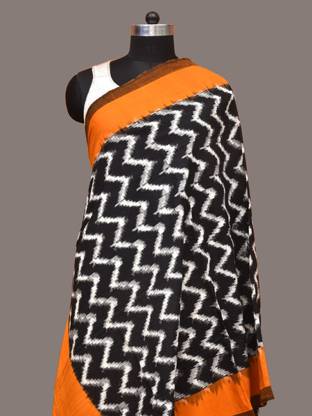 Yellow and Black Pochampally Ikat Cotton Handloom Dupatta with Zig-Zag Design - Global Threads - Distacart