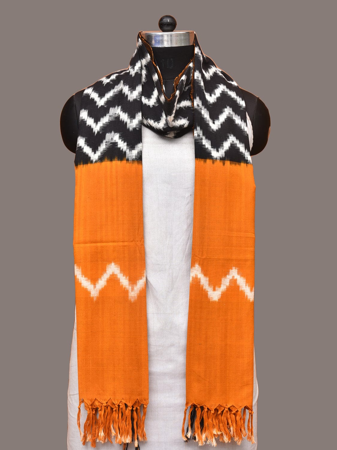 Yellow and Black Pochampally Ikat Cotton Handloom Dupatta with Zig-Zag Design - Global Threads - Distacart