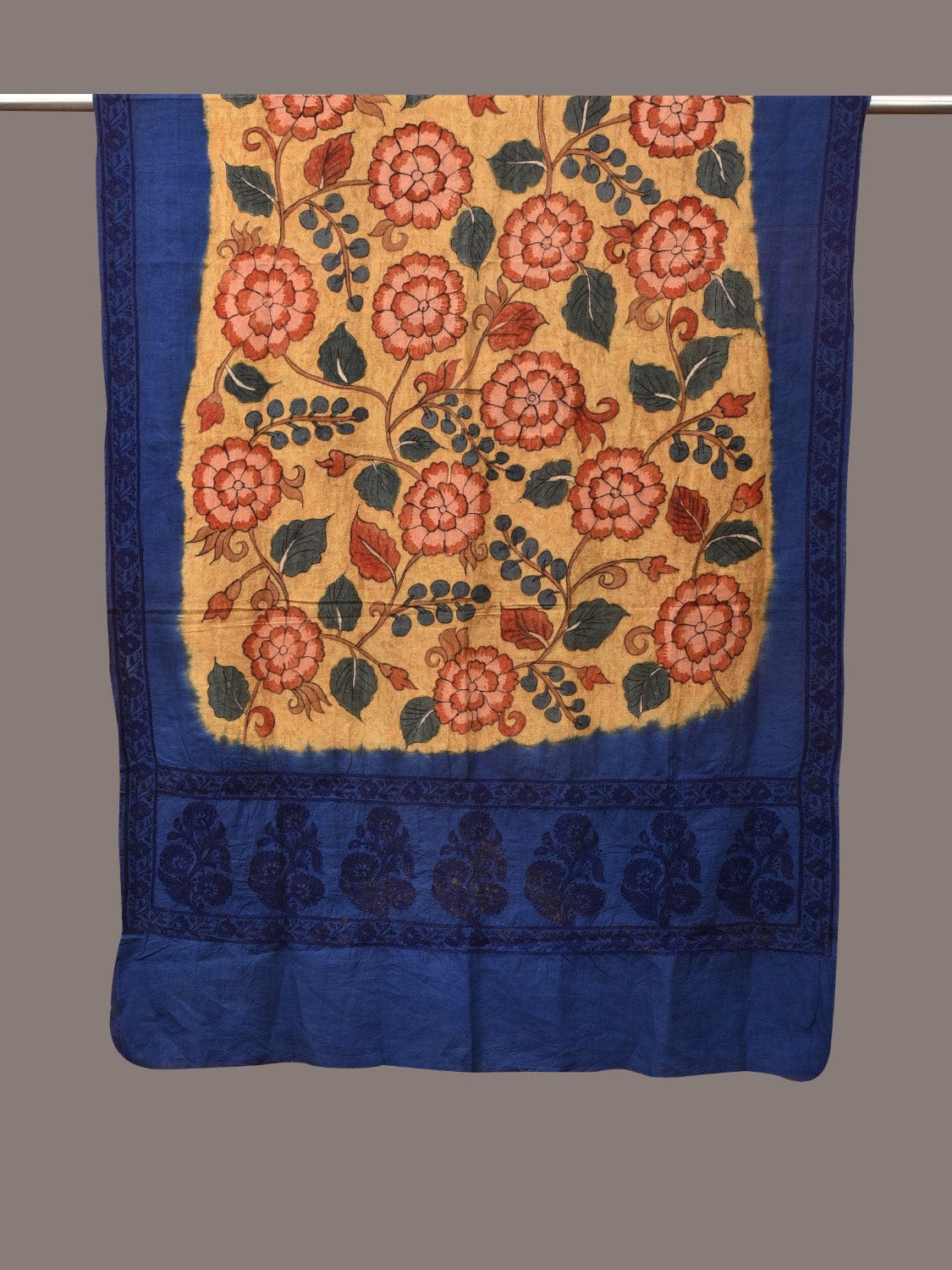 Yellow and Blue Kalamkari Hand Painted Cotton Tussar Cotton Handloom Dupatta with Floral and Embroidery Design - Global Threads - Distacart