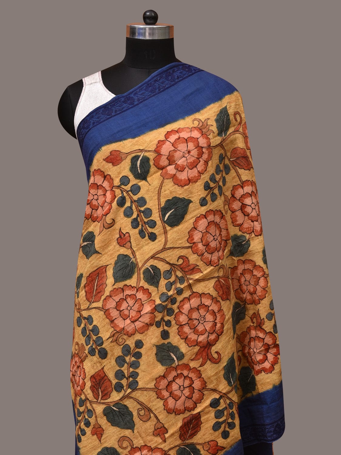 Yellow and Blue Kalamkari Hand Painted Cotton Tussar Cotton Handloom Dupatta with Floral and Embroidery Design - Global Threads - Distacart