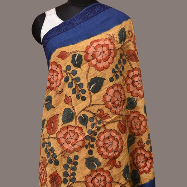 Yellow and Blue Kalamkari Hand Painted Cotton Tussar Cotton Handloom Dupatta with Floral and Embroidery Design - Global Threads - Distacart