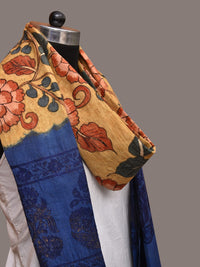 Thumbnail for Yellow and Blue Kalamkari Hand Painted Cotton Tussar Cotton Handloom Dupatta with Floral and Embroidery Design - Global Threads - Distacart