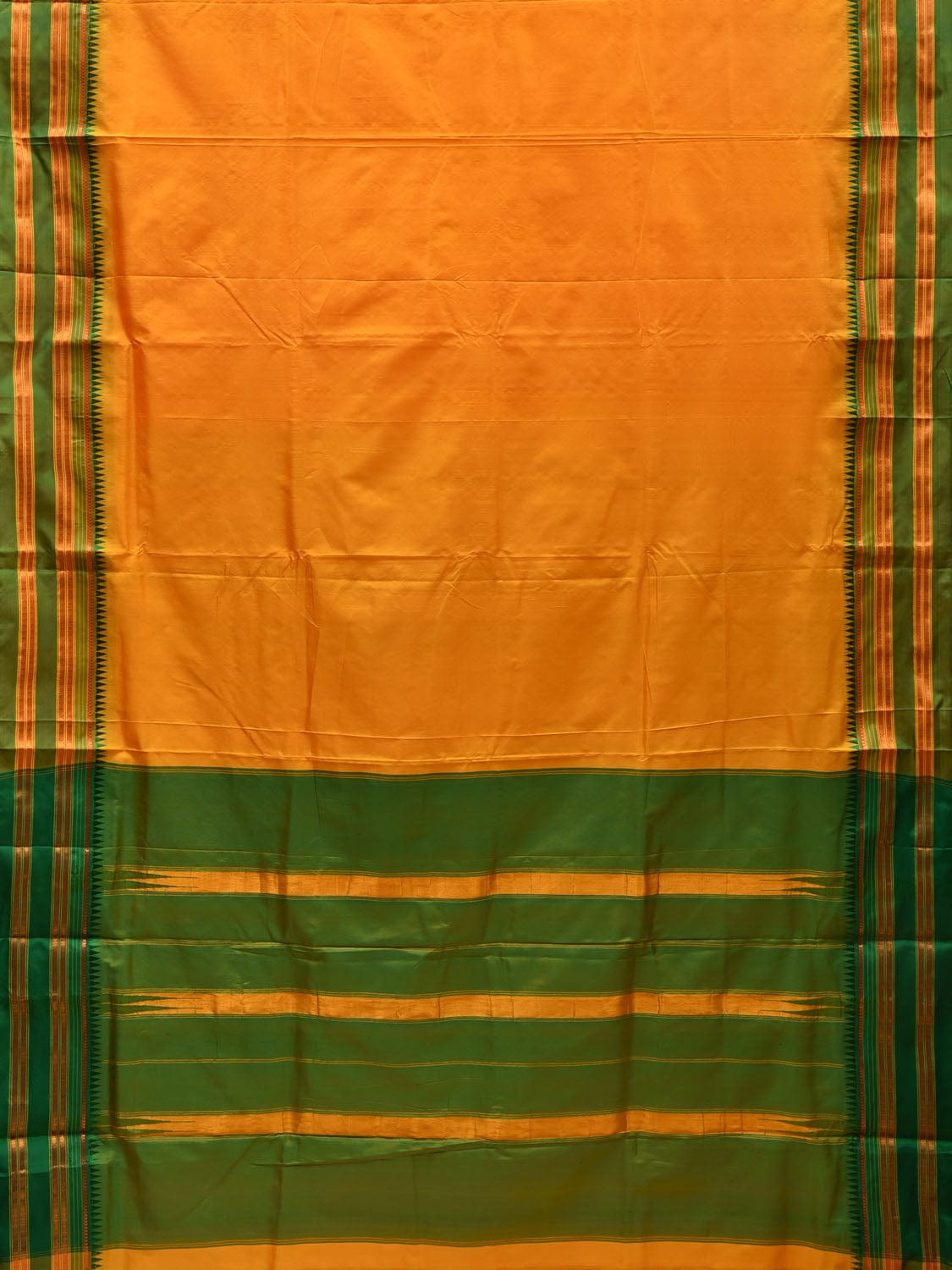 Yellow and Green Narayanpet Silk Handloom Plain Saree with Traditional Border Design No Blouse - Global Threads - Distacart