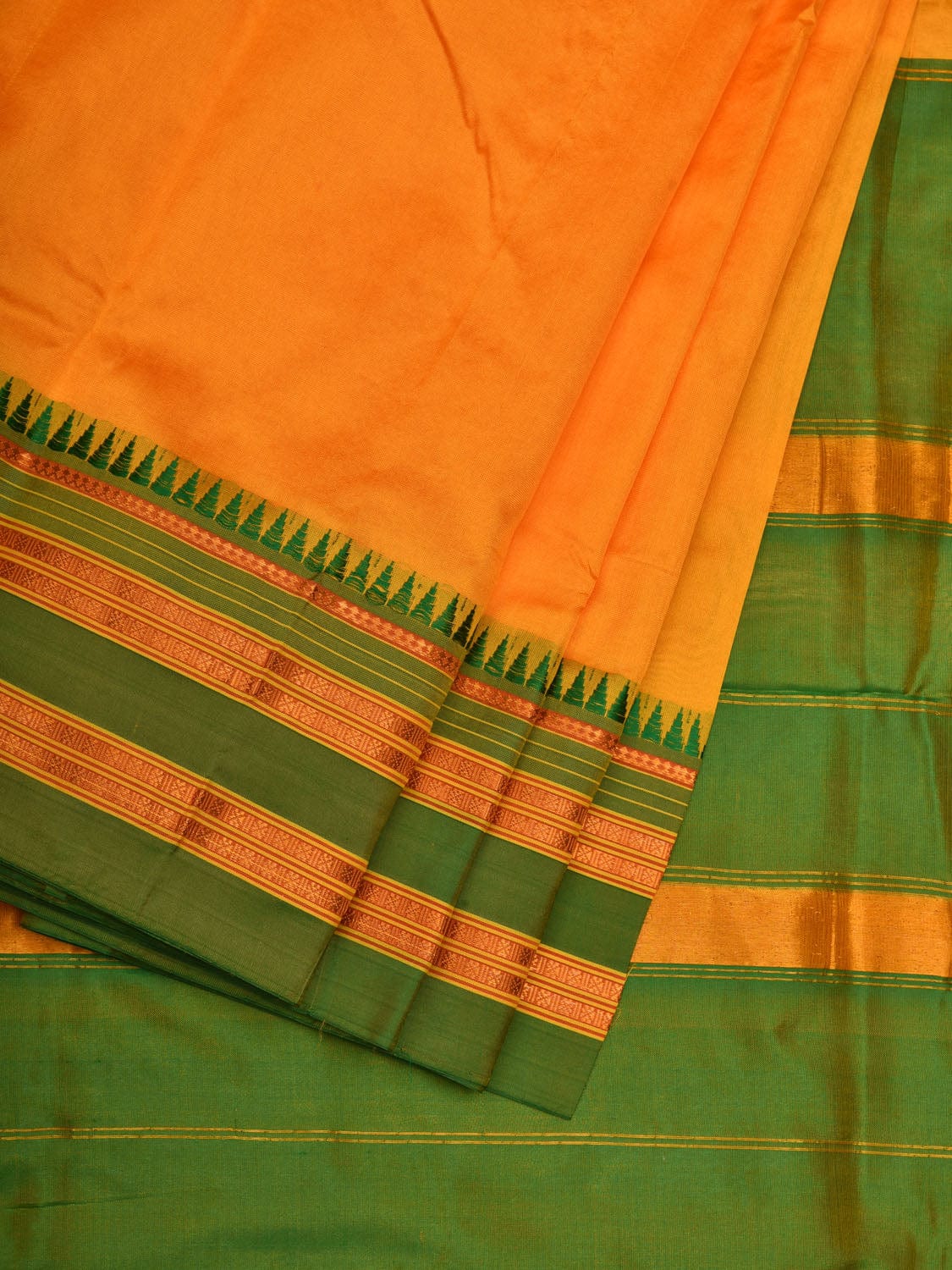 Yellow and Green Narayanpet Silk Handloom Plain Saree with Traditional Border Design No Blouse - Global Threads - Distacart