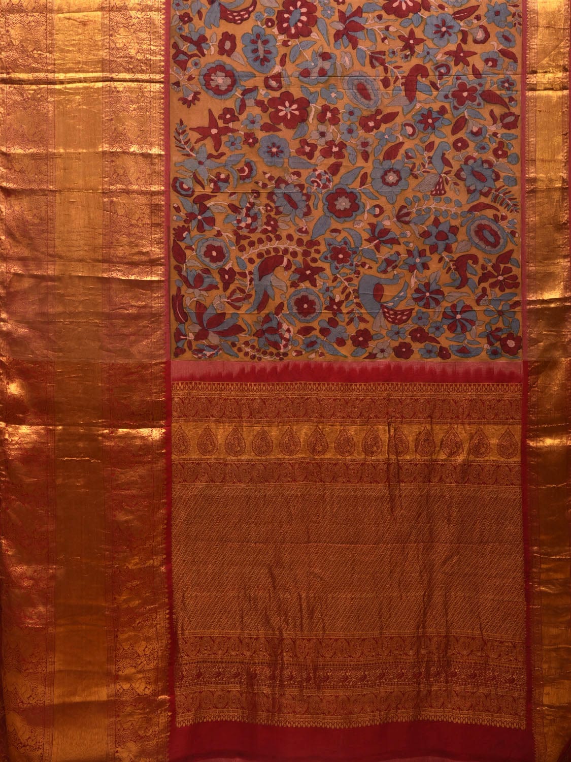 Yellow and Red Kalamkari Hand Painted Kanchipuram Silk Handloom Saree with Floral Design - Global Threads - Distacart