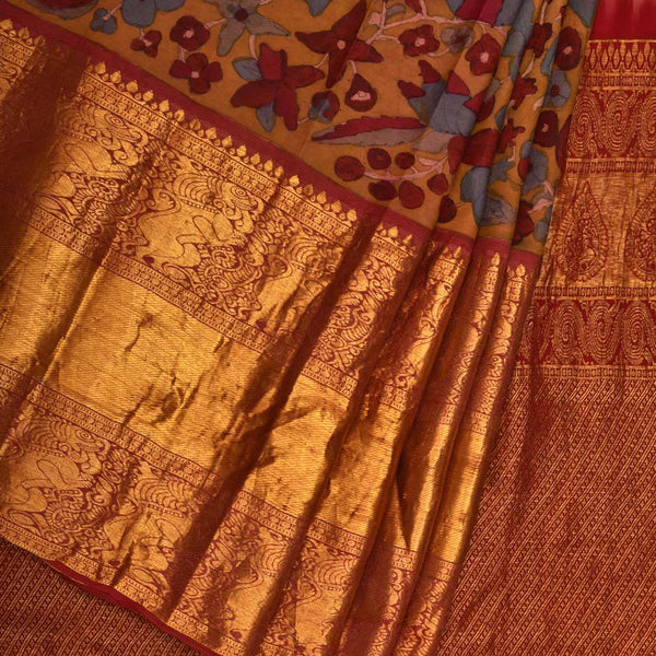 Yellow and Red Kalamkari Hand Painted Kanchipuram Silk Handloom Saree with Floral Design - Global Threads - Distacart