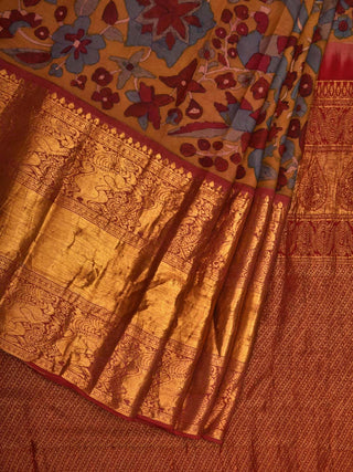 Yellow and Red Kalamkari Hand Painted Kanchipuram Silk Handloom Saree with Floral Design - Global Threads - Distacart