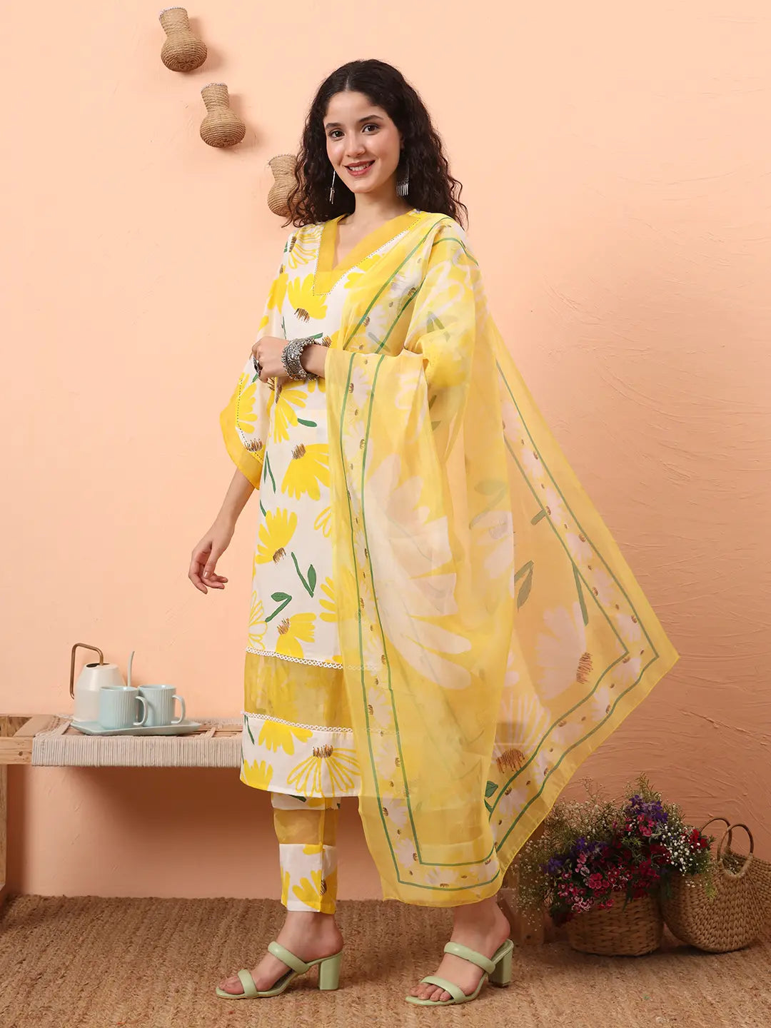 Yufta Yellow And White Floral Kantha Work Straight Kurta Trouser Dupatta Set - Distacart