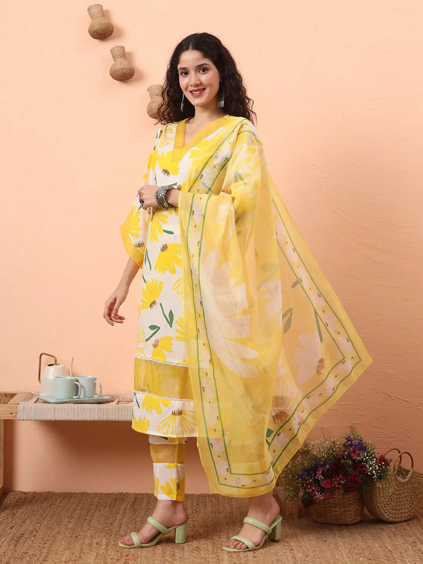 Yufta Yellow And White Floral Kantha Work Straight Kurta Trouser Dupatta Set