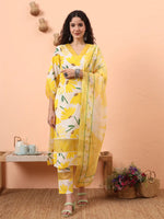 Thumbnail for Yufta Yellow And White Floral Kantha Work Straight Kurta Trouser Dupatta Set