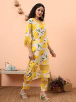 Thumbnail for Yufta Yellow And White Floral Kantha Work Straight Kurta Trouser Dupatta Set