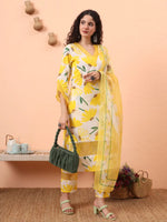 Thumbnail for Yufta Yellow And White Floral Kantha Work Straight Kurta Trouser Dupatta Set