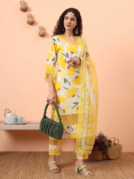 Yufta Yellow And White Floral Kantha Work Straight Kurta Trouser Dupatta Set