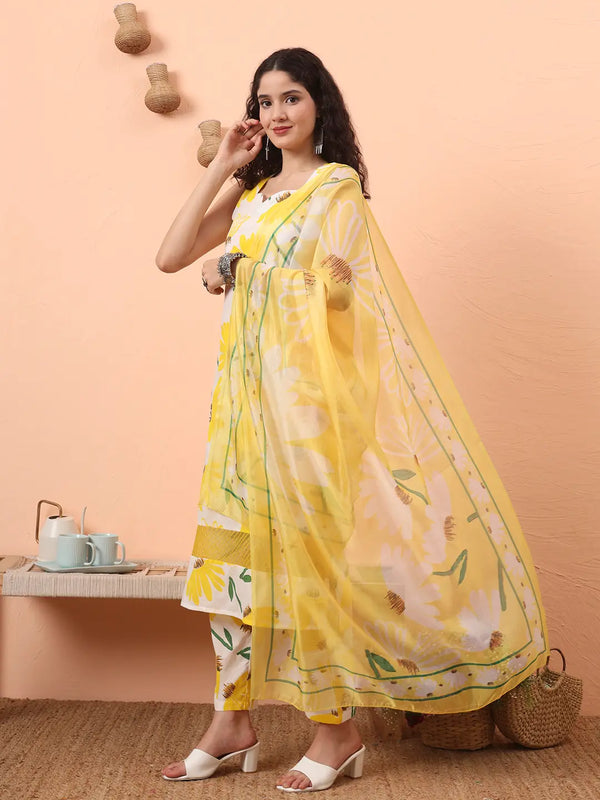 Yufta Yellow And White Floral Straight Kurta Trouser Dupatta Set
