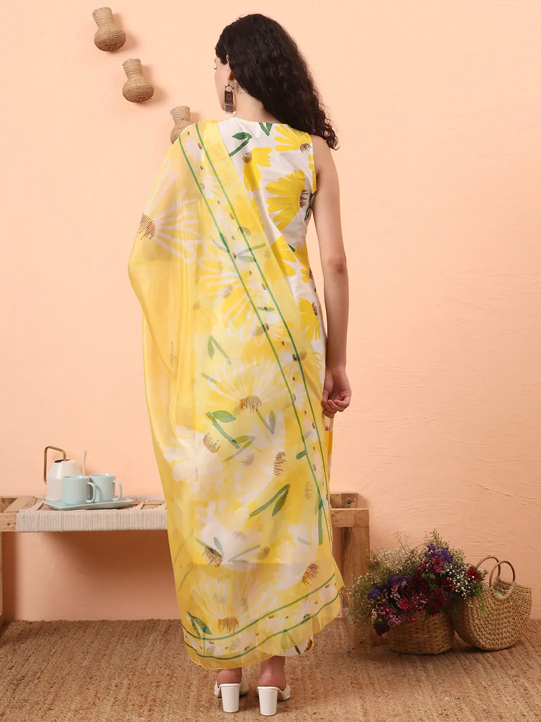 Yufta Yellow And White Floral Straight Kurta Trouser Dupatta Set