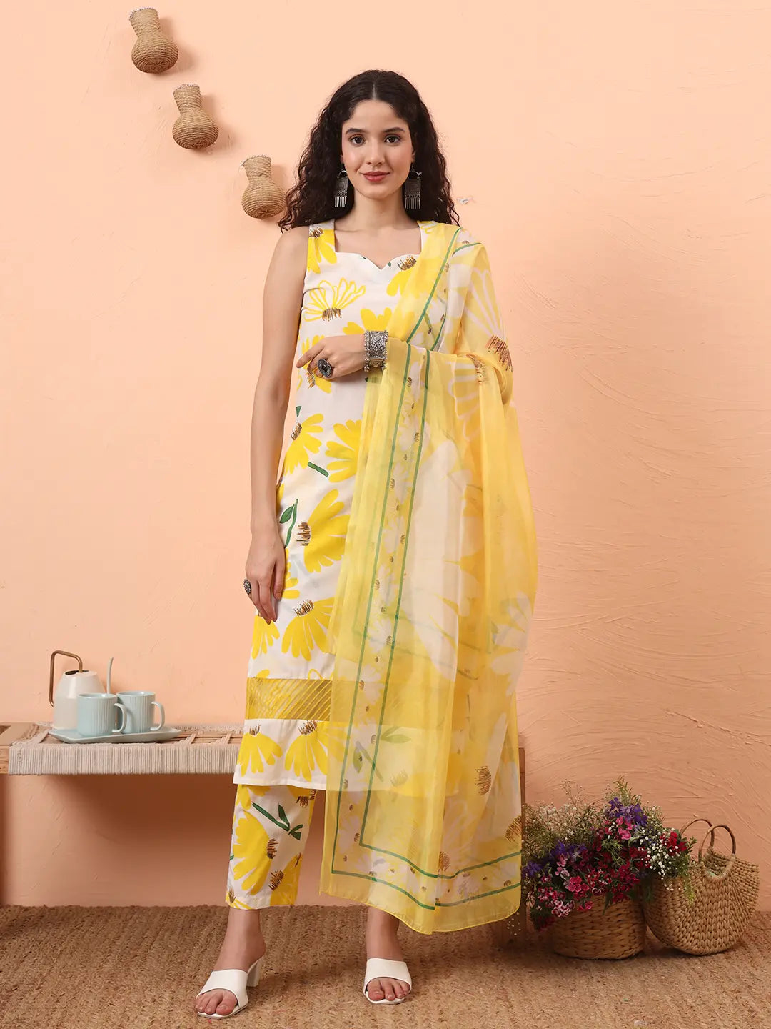 Yufta Yellow And White Floral Straight Kurta Trouser Dupatta Set