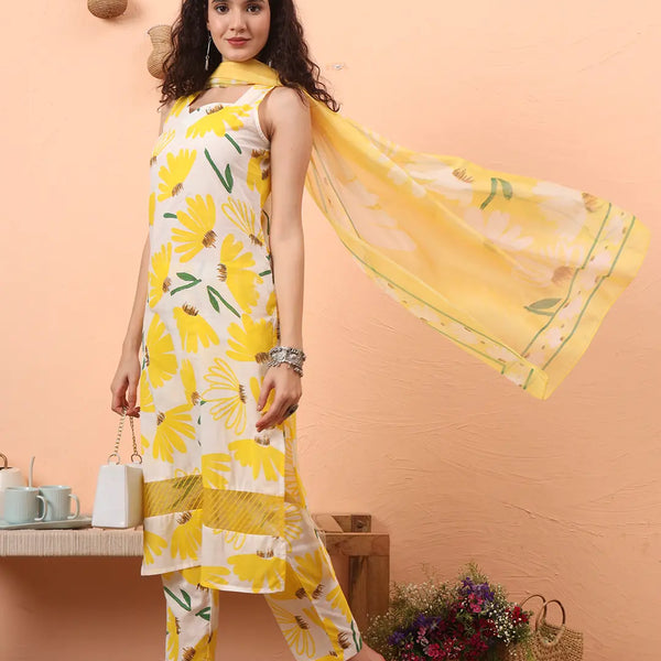 Yufta Yellow And White Floral Straight Kurta Trouser Dupatta Set - Distacart