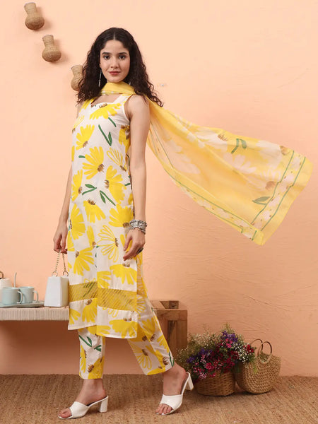 Yufta Yellow And White Floral Straight Kurta Trouser Dupatta Set