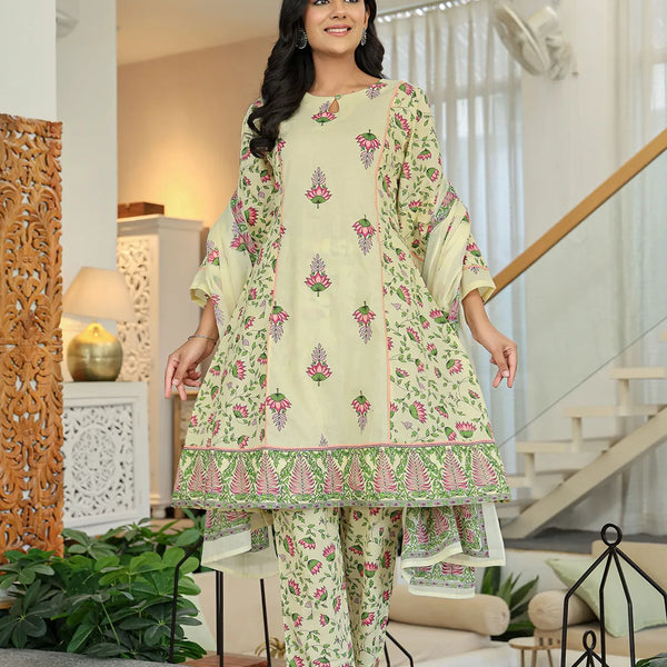 Yufta Yellow Cotton A Line Kurta Dupatta Set - Distacart