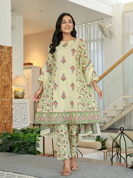 Yufta Yellow Cotton A Line Kurta Dupatta Set