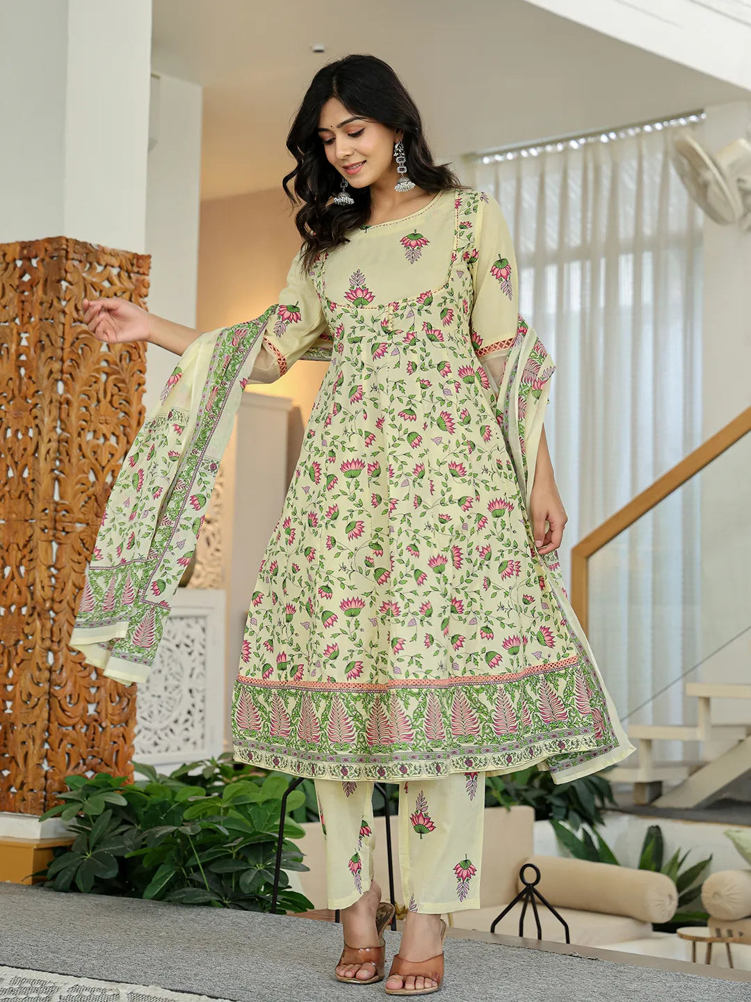 Yufta Yellow Cotton Kalidaar Kurta Dupatta Set - Distacart