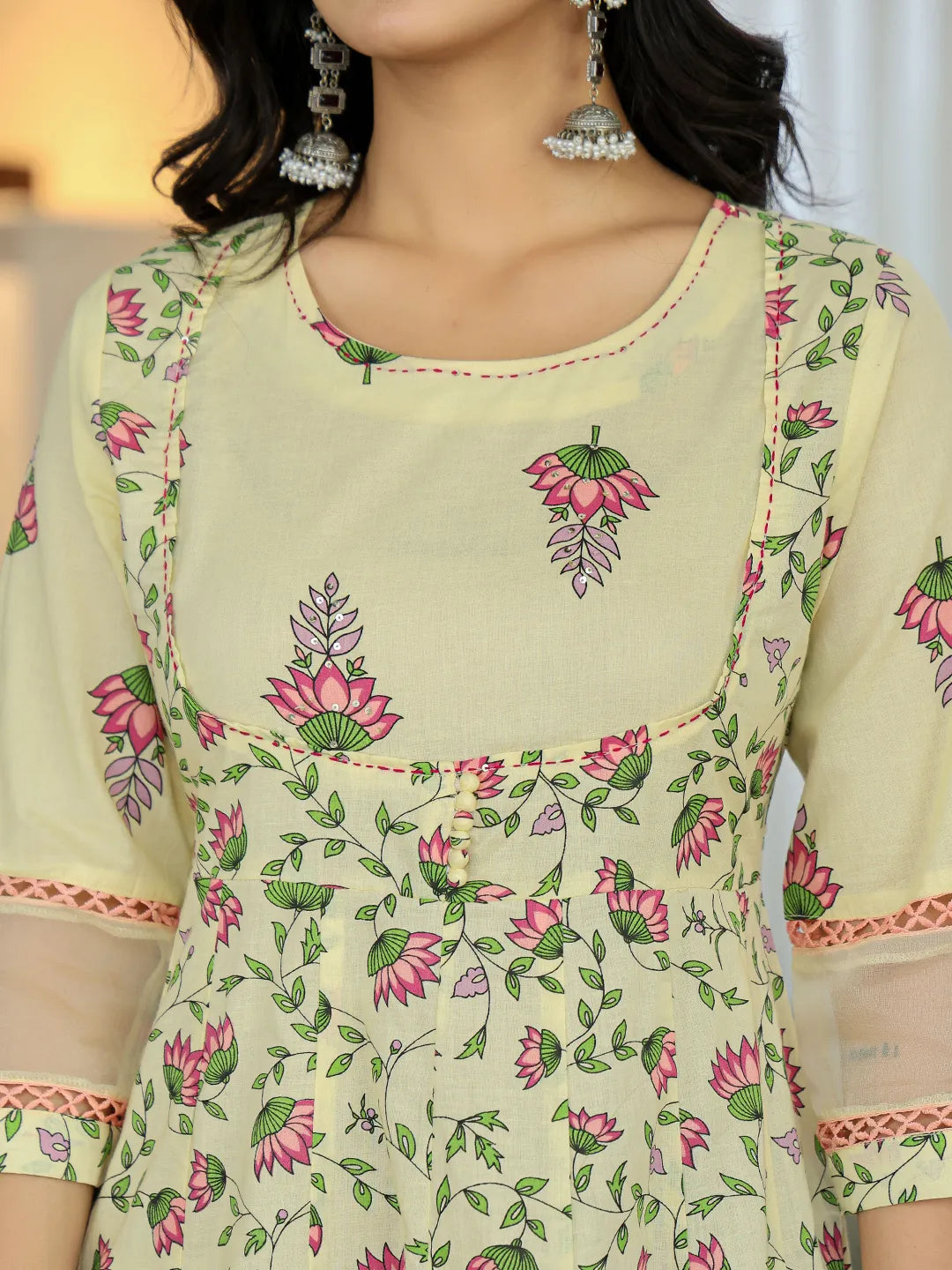 Yufta Yellow Cotton Kalidaar Kurta Dupatta Set
