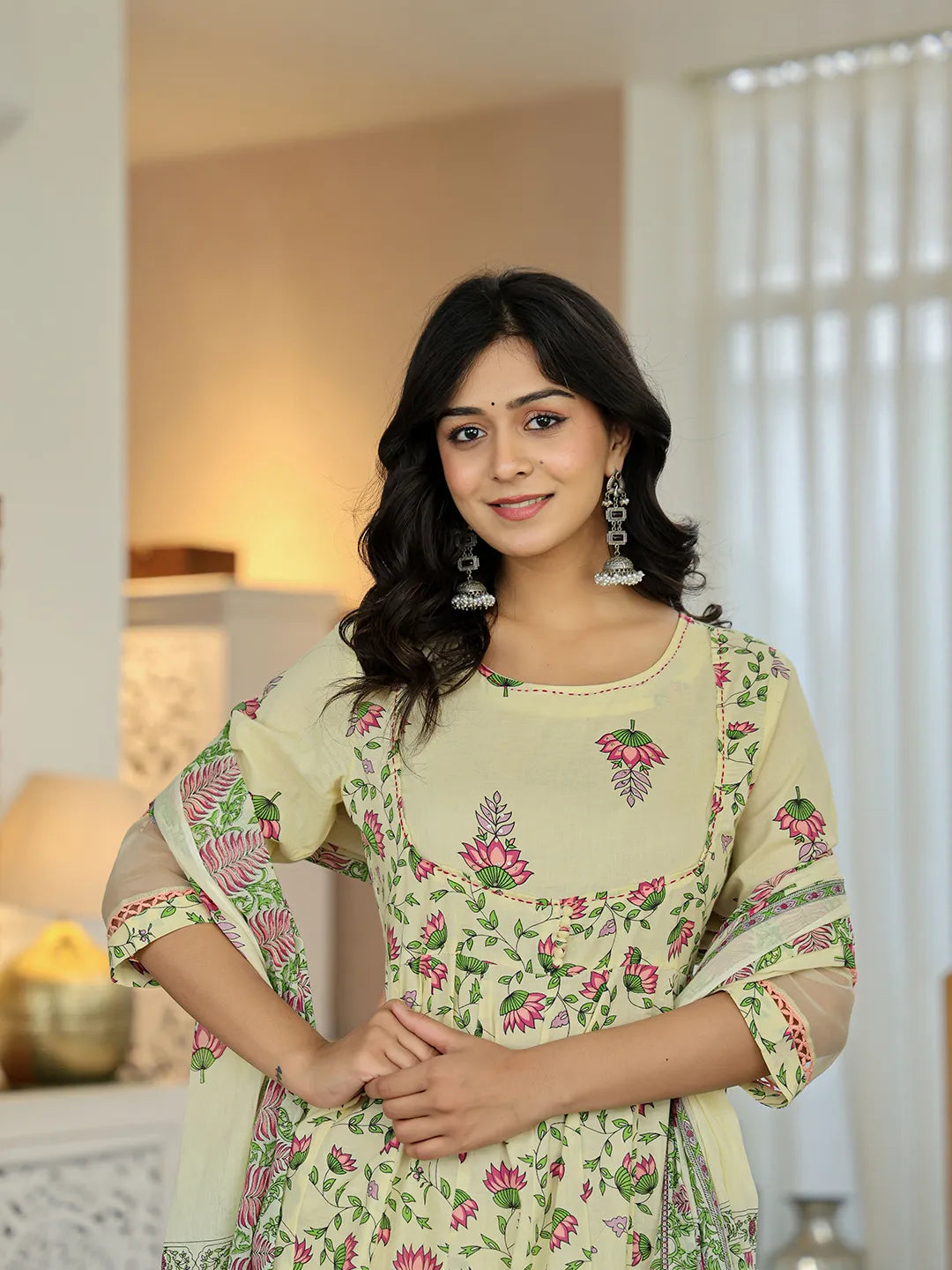 Yufta Yellow Cotton Kalidaar Kurta Dupatta Set