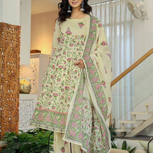 Yufta Yellow Cotton Kalidaar Kurta Dupatta Set - Distacart