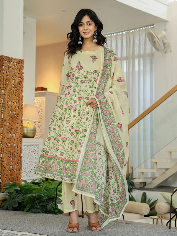 Yufta Yellow Cotton Kalidaar Kurta Dupatta Set
