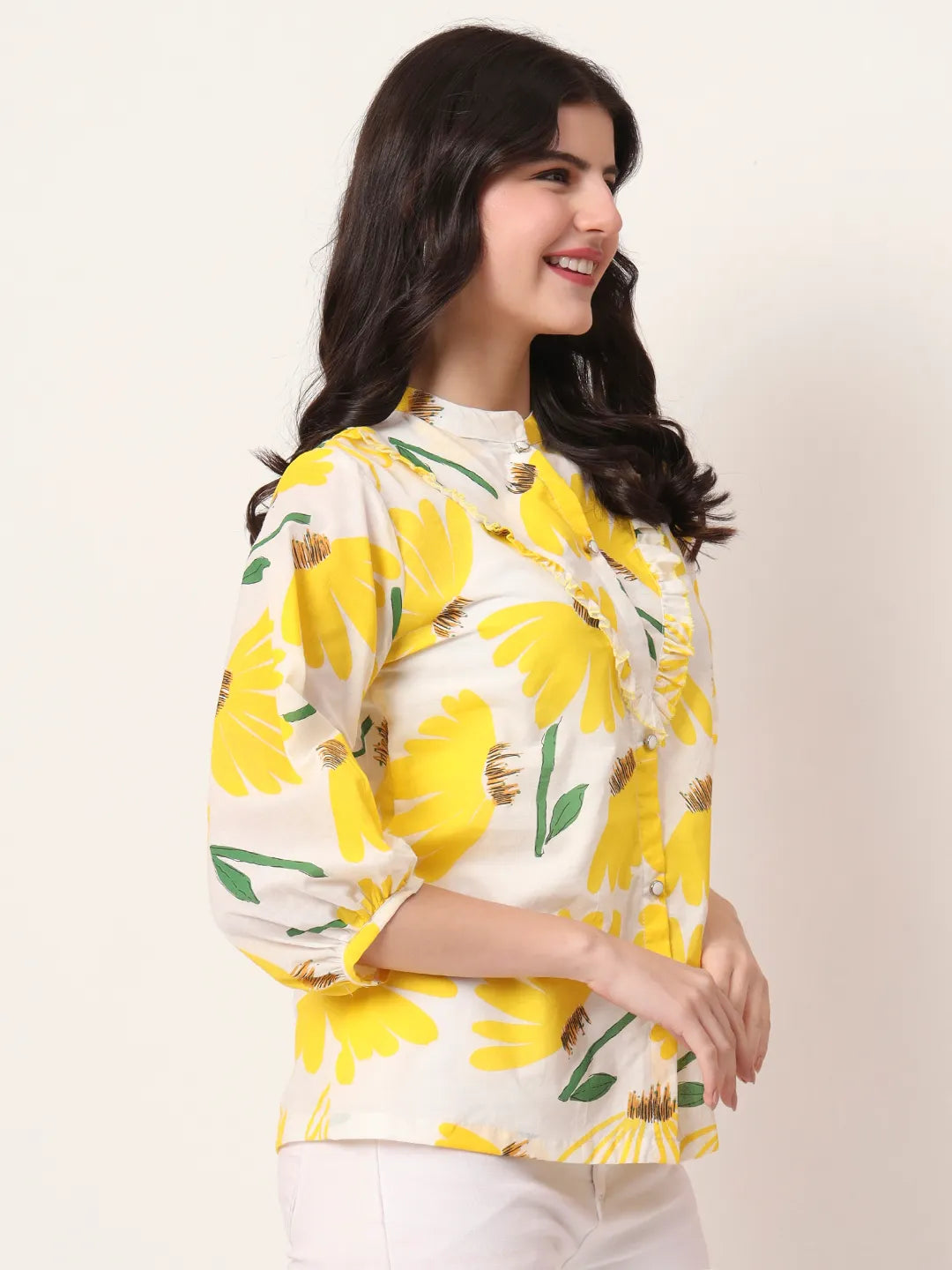 Yufta Yellow Cotton Mandarin Collar Shrit Style Top - Distacart