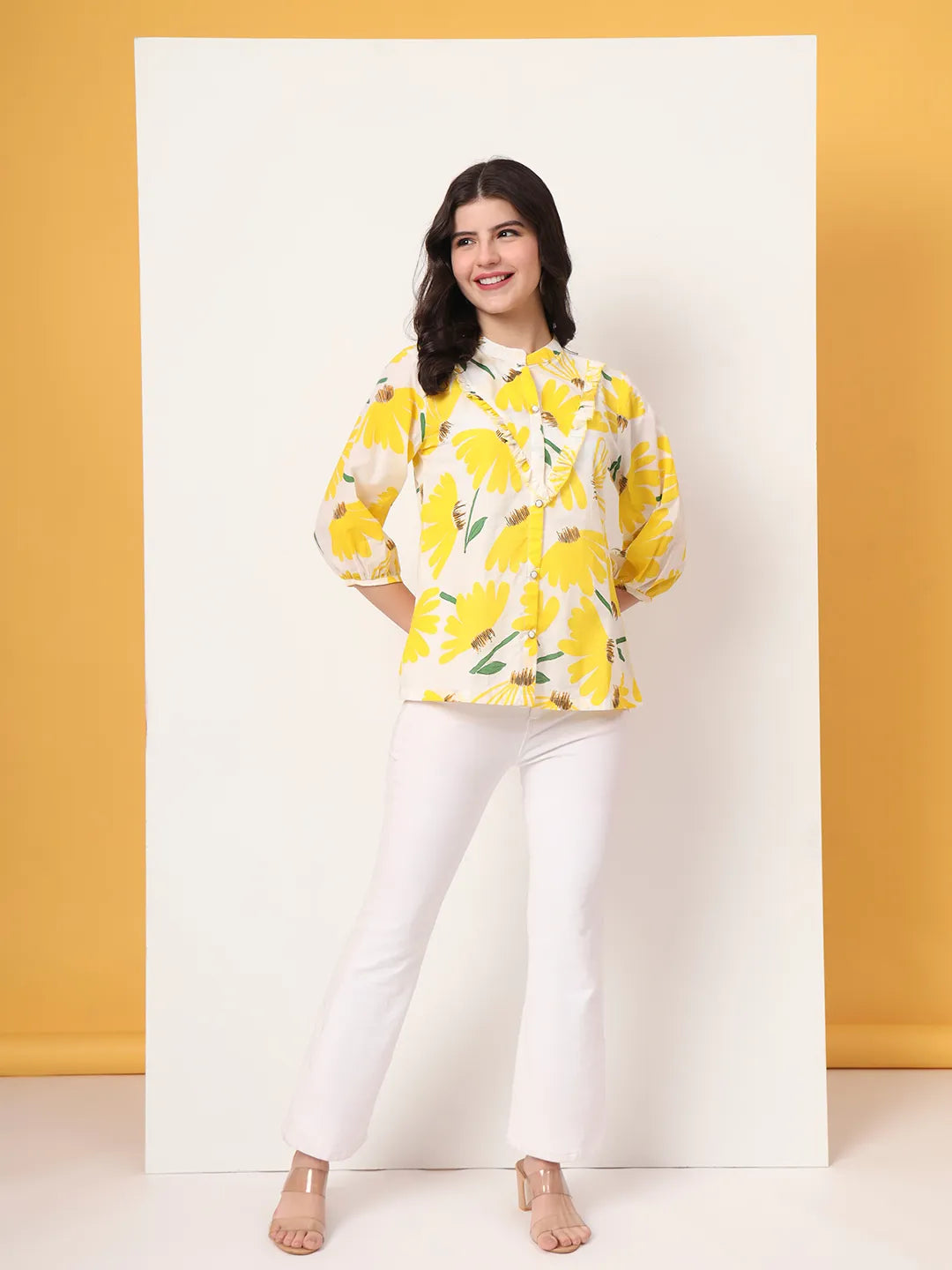 Yufta Yellow Cotton Mandarin Collar Shrit Style Top