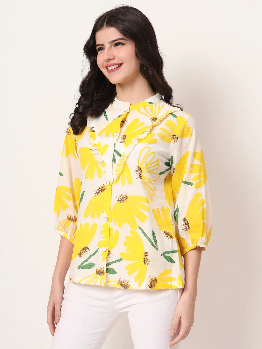 Yufta Yellow Cotton Mandarin Collar Shrit Style Top - Distacart