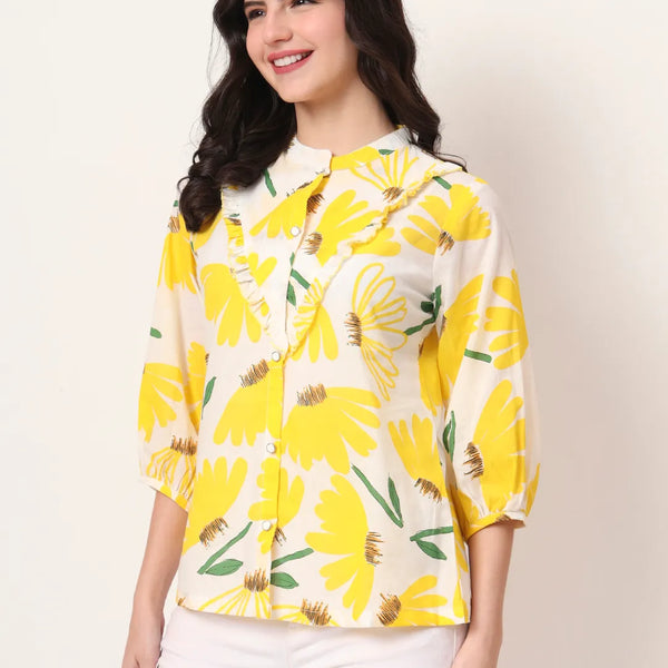 Yufta Yellow Cotton Mandarin Collar Shrit Style Top - Distacart