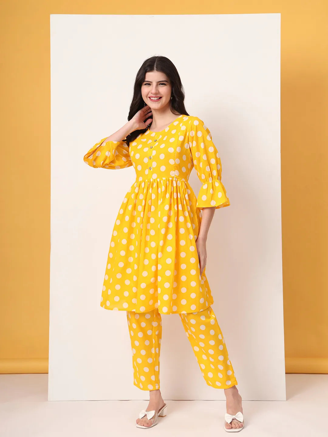 Yufta Yellow Cotton Maternity Gathered Or Pleated Kurta Pants Set - Distacart