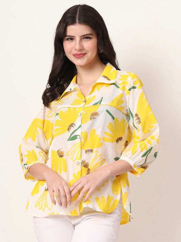 Yufta Yellow Cotton Shirt Collar Shrit Style Top