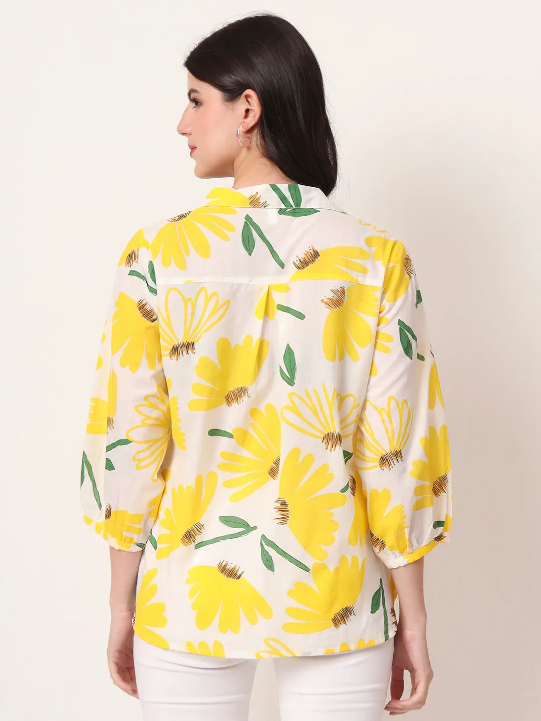Yufta Yellow Cotton Shirt Collar Shrit Style Top