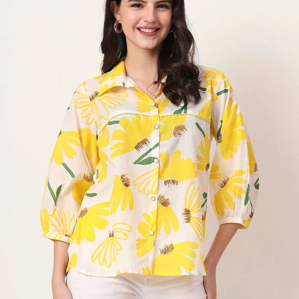 Yufta Yellow Cotton Shirt Collar Shrit Style Top - Distacart