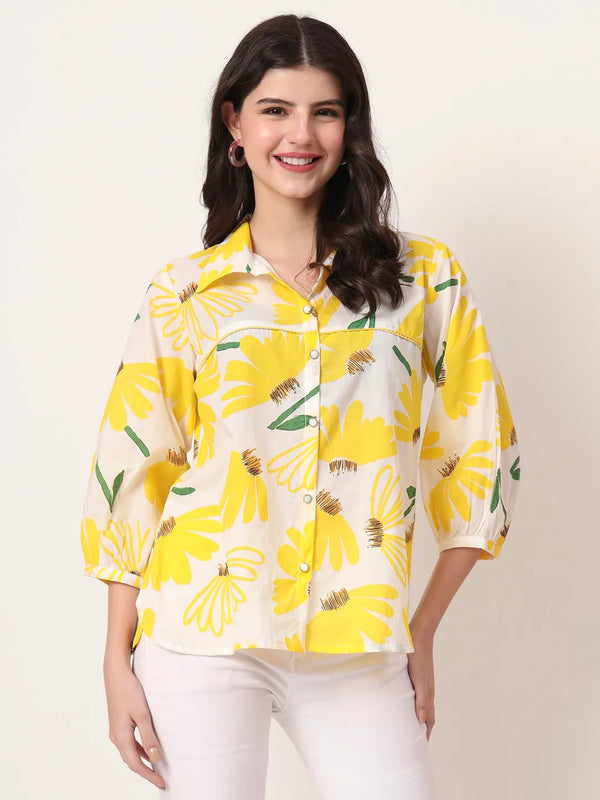 Yufta Yellow Cotton Shirt Collar Shrit Style Top