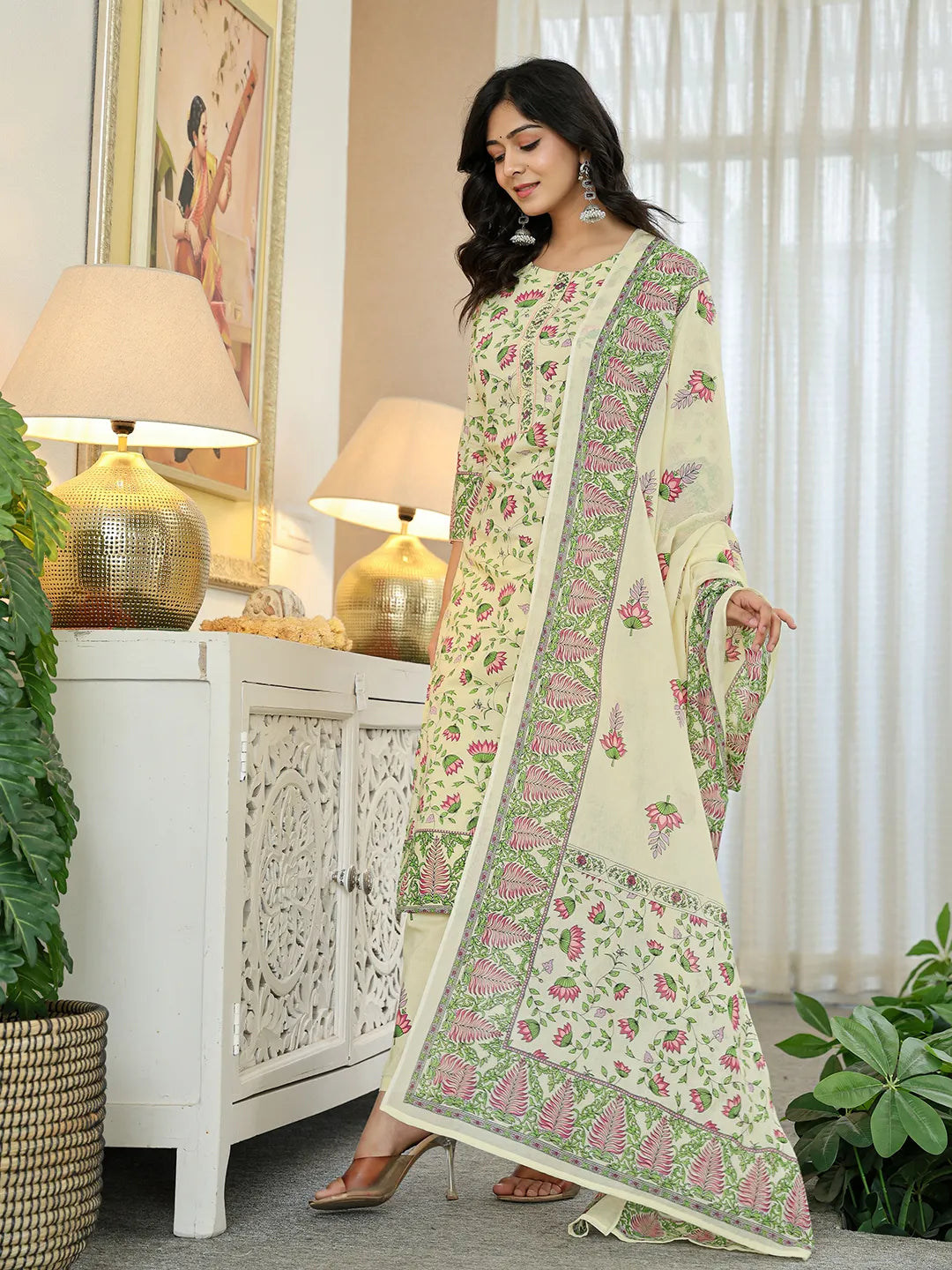 Yufta Yellow Cotton Straight Floral Print Kurta Dupatta Set - Distacart