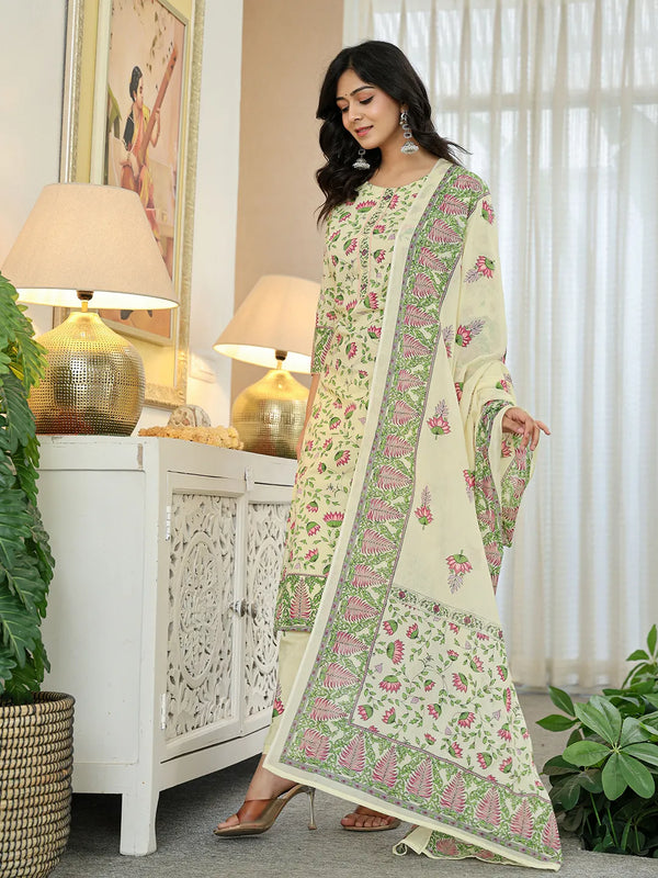Yufta Yellow Cotton Straight Floral Print Kurta Dupatta Set