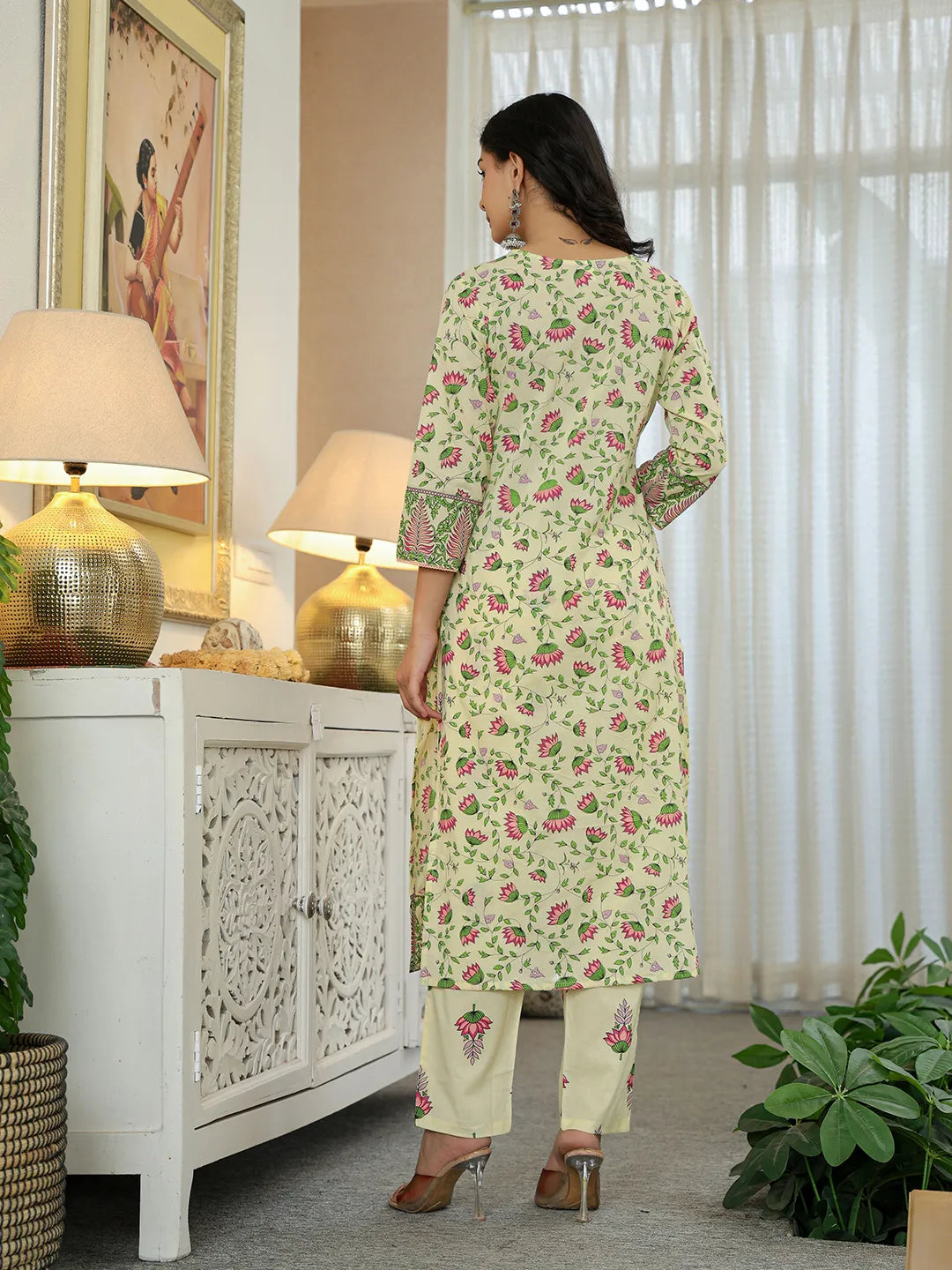 Yufta Yellow Cotton Straight Floral Print Kurta Dupatta Set