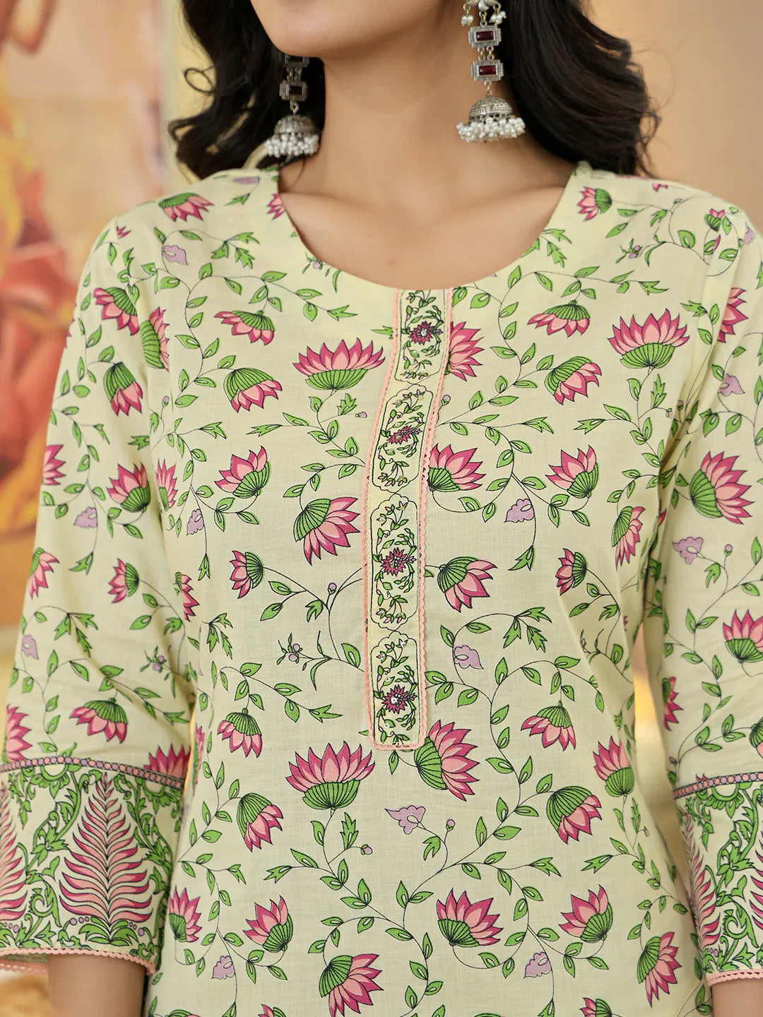 Yufta Yellow Cotton Straight Floral Print Kurta Dupatta Set
