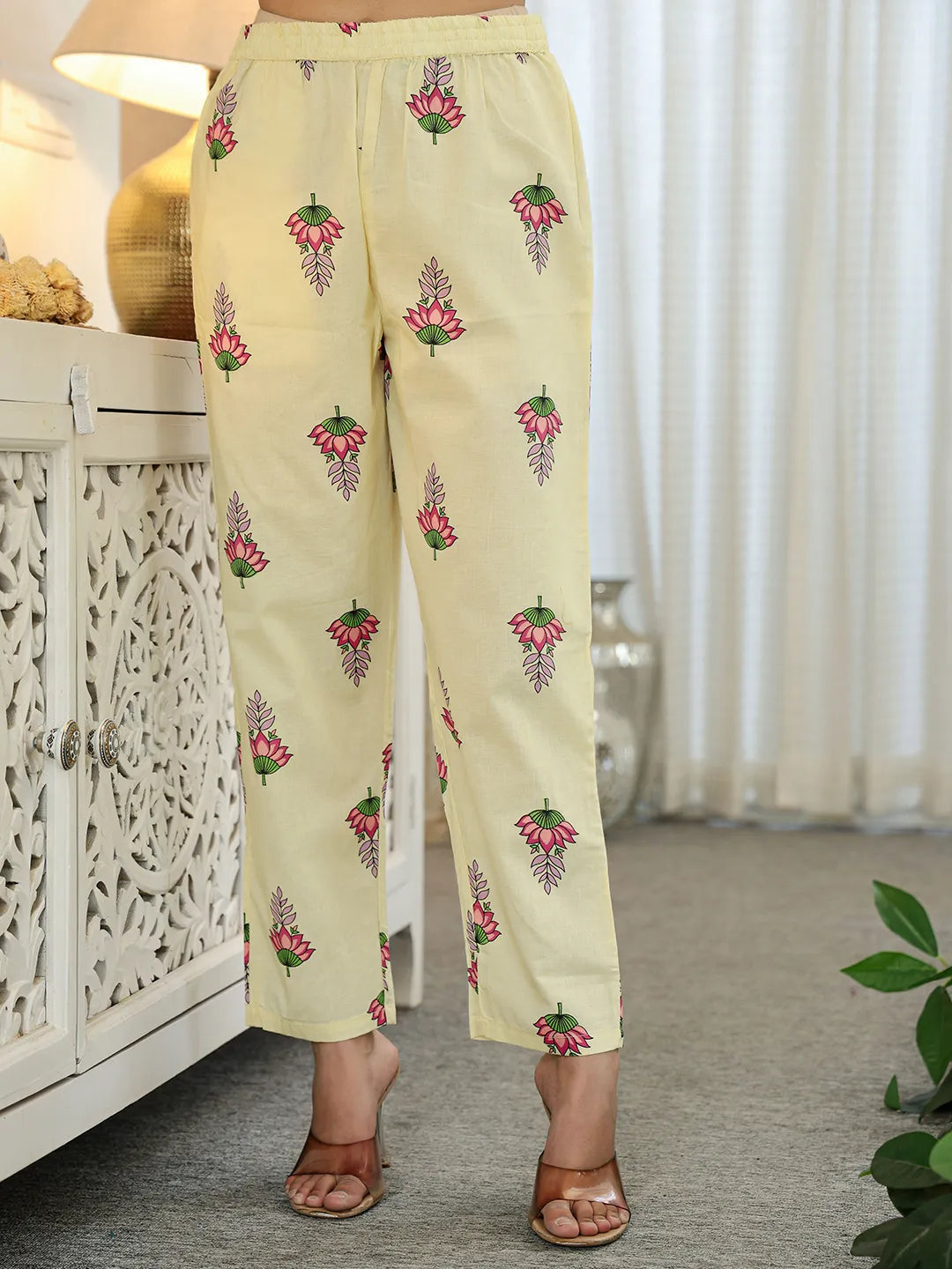 Yufta Yellow Cotton Straight Floral Print Kurta Dupatta Set