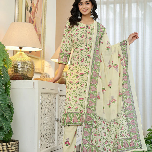 Yufta Yellow Cotton Straight Floral Print Kurta Dupatta Set - Distacart