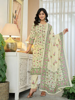 Thumbnail for Yufta Yellow Cotton Straight Floral Print Kurta Dupatta Set