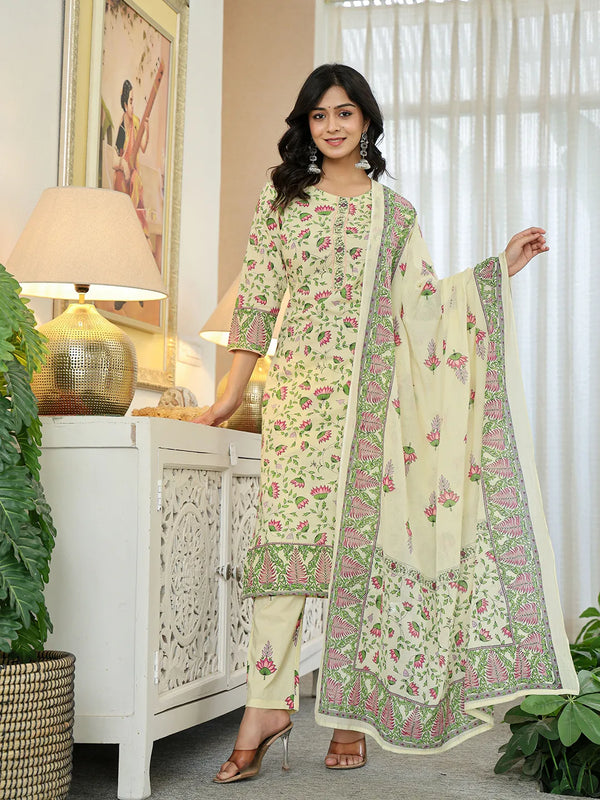 Yufta Yellow Cotton Straight Floral Print Kurta Dupatta Set